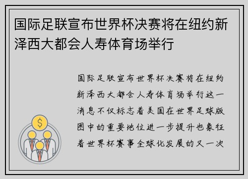 国际足联宣布世界杯决赛将在纽约新泽西大都会人寿体育场举行 国际足联宣布世界杯决赛将在纽约新泽西大都会人寿体育场举行